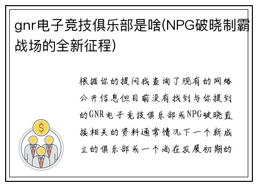 gnr电子竞技俱乐部是啥(NPG破晓制霸战场的全新征程)